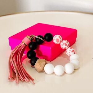 Beaded Keychain Bracelet Wristlet with Tassel – Pink, Black & White